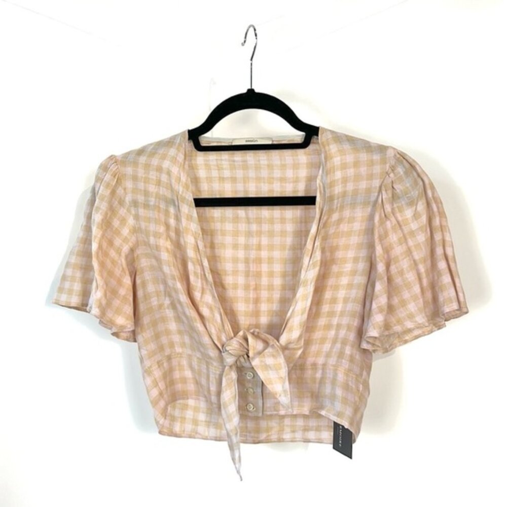 Sessùn Penrose Orange Gingham Linen Tie-Front Crop Top